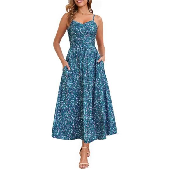 Women Ruched Maxi Dress Adjustable Spaghetti Strap Purple Green - Picture 1 of 6